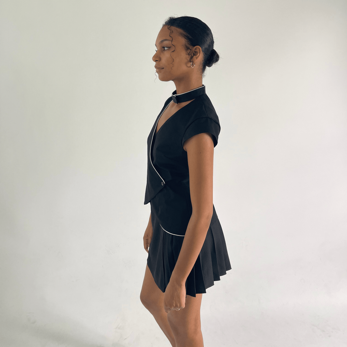 tailored black wrap vest with collar
