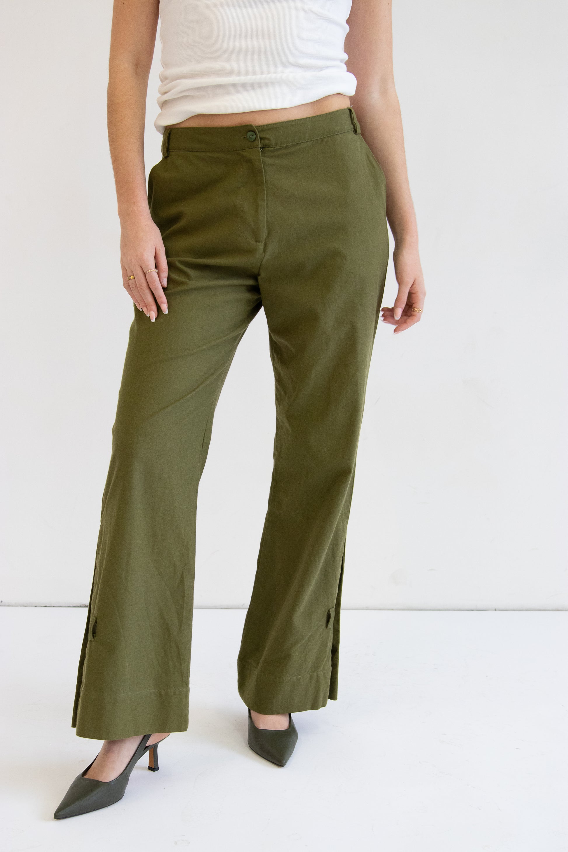 Close up front view of cotton deadstock pants in khaki